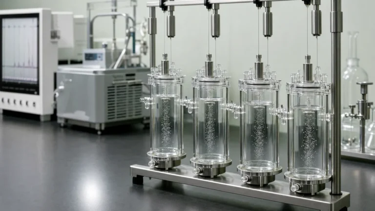 A row of tall water-jacketed glass organ bath chambers with bubbling buffer and force transducers above on a laboratory bench