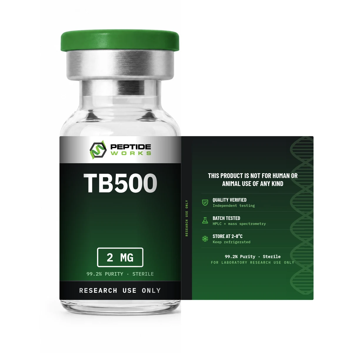 TB500 Peptide Vial label shown flat: research use only, storage and testing details